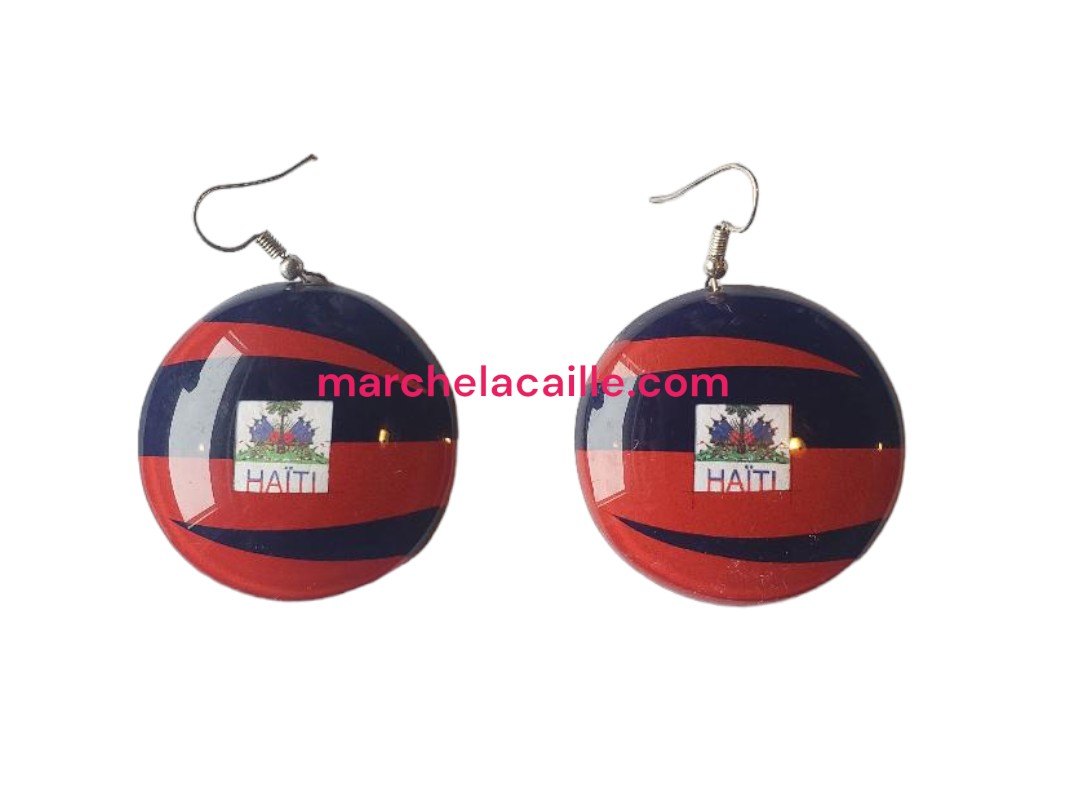 Wooden Circle Form Earring with Haitian Flag